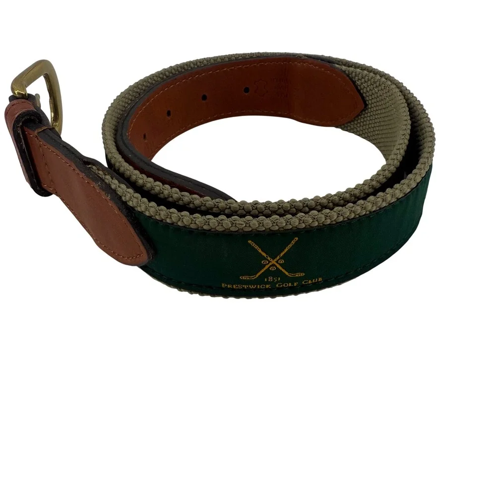 See Jays Mens Size 32 Leather Canvas Golf Club Belt Brass Buckle‎ Green Brown